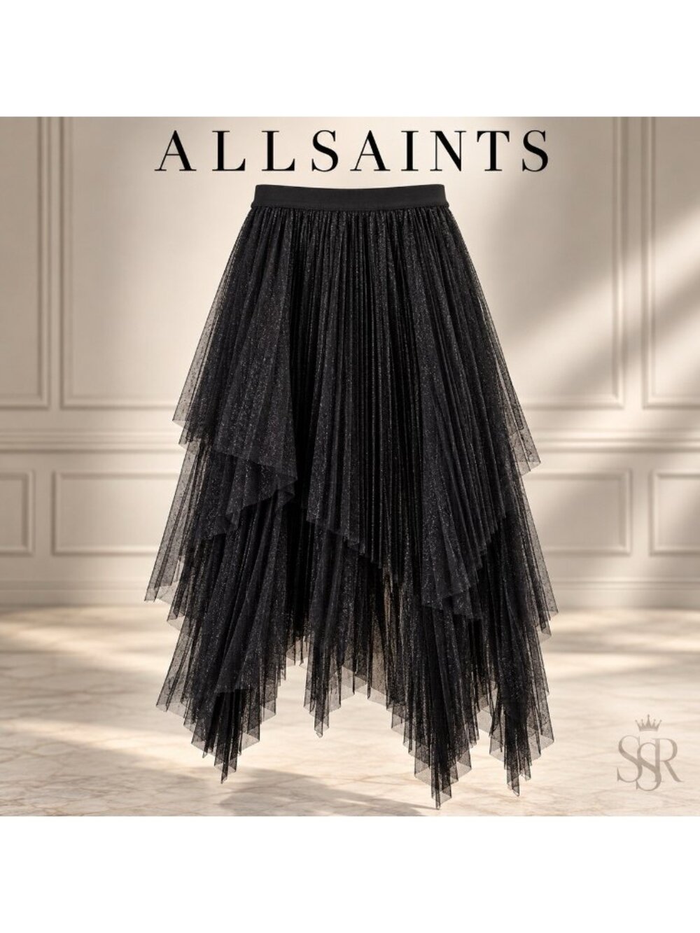 ALLSAINTS Veena Pleated Asymmetric Tulle Midi Skirt Black Metallic US 6